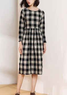 Vivid O Neck Cotton Linen Spring Clothes Runway Black Plaid Dress Skater Dress Outfit, Black Plaid Dress, Spring Clothes, Mid Dresses, Plaid Dress, Black Plaid, Xl Dress, Skater Dress, Linen Fabric