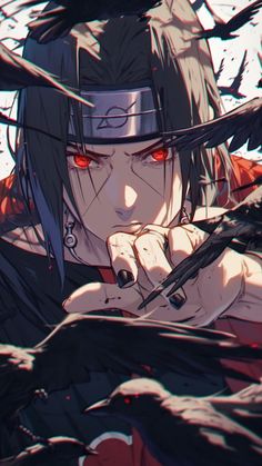 an anime character with long black hair and red eyes holding a knife in his hand