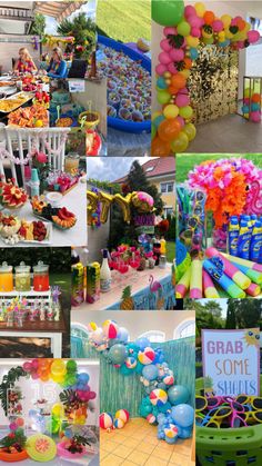 a collage of pictures with balloons, decorations and other items for a birthday party