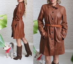 "➳ Gorgeous Danier Leather designer trench jacket ➳ Warm, caramel brown leather ➳ Ultra soft and buttery texture with a comfy fit ➳ Hidden inner chest pocket ➳ Belt loops at side ➳ Button down front closures ➳ Fully lined ➳ Jacket did not come with a belt, just belt loops. We included a 1970's tooled leather belt as it looks great styled with the coat      but the belt is interchangeable or looks great without a belt, if desired.  ➳ Dry cleaned, leather treated and ready to wear  Measurements Brown Business Outerwear With Snap Buttons, Brown Leather Jacket With Buttons For Winter, Brown Leather Jacket With Snap Buttons For Work, Brown Leather Jacket With Buttons For Fall, Brown Business Outerwear For Spring, Brown Long Coat For Office, Vintage Brown Leather Outerwear For Work, Vintage Brown Business Outerwear For Fall, Business Outerwear In Vintage Brown For Fall