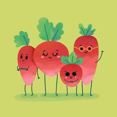 three vegetables with faces drawn on them are standing in a row and one has his eyes closed