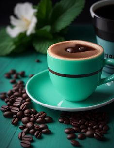 there is a cup of coffee on the saucer next to some coffee beans and flowers