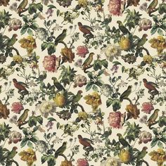 a floral wallpaper with birds and flowers on it