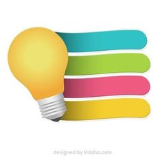 a yellow light bulb sitting on top of colorful stickers in front of a white background