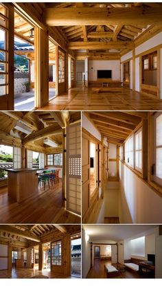 the inside of a house with wooden floors and windows in different stages of being built