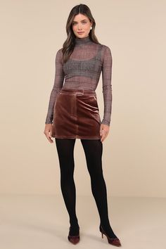 The Lulus Splendid Mood Mauve Velvet High-Rise Mini Skirt can take you from holiday party-ready to street-style chic! Soft, luxe velvet shapes a high, banded waist (with a ribbed-like texture), a hidden top clasp closure with a bonus internal button closure, and a hidden zip fly. Diagonal front pockets and faux back welt pockets accent the cute A-line silhouette that ends at a mini hem, perfect for pairing with your fave cold-weather boots! Fit: This garment fits true to size. Length: Mid-thigh. Nye Outfits Parties, Mauve Velvet, New Year’s Eve Outfit, Boots Fit, Nye Outfits, Shimmer Dress, Jumpsuit Chic, Cold Weather Boots, Weather Boots