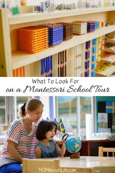 two children and an adult looking at toys in a store with text overlay that reads what to look for on a montessoi school tour