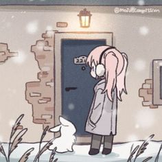 a woman standing in front of a door next to a white dog on a snowy day