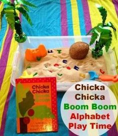 chicka chicka boom boom alphabet play time with books, sand and palm trees