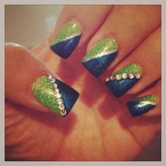 Love my Seahawks nails! Seahawk Nails Design Seattle, Seahawk Nails Design, Seattle Seahawks Nails, Seahawk Nails, Sports Nails, Caviar Nails