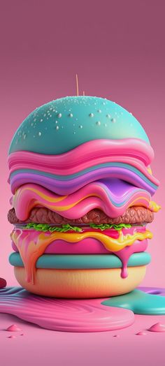 a large hamburger covered in lots of different colored icing