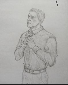 a drawing of a man adjusting his tie