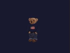 a teddy bear wearing an american flag shirt and jeans standing in front of a dark blue background