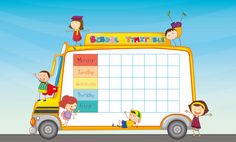 children standing in front of a school bus with a calendar on the wall behind them