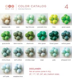 the color catalog for different colors of candy candies, including green and white gummy balls