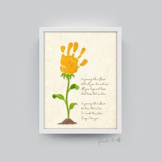 a yellow flower with handprints on it and a poem written in the middle