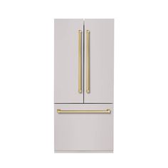 a white refrigerator freezer with gold handles on the bottom and two yellow handles on the top