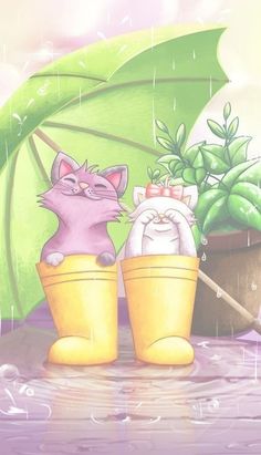 two cats are sitting in the rain with an umbrella and potted plants behind them