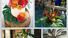 four different pictures of flowers and plants in vases next to a pool with water