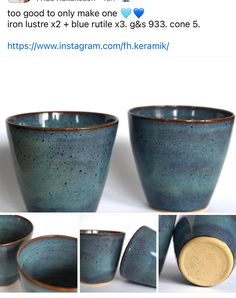 several photos of blue cups with gold rims