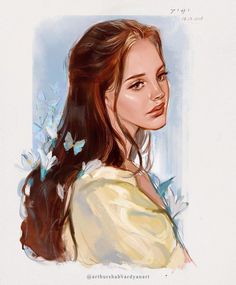 a painting of a woman with long hair and flowers in her hair, wearing a yellow shirt