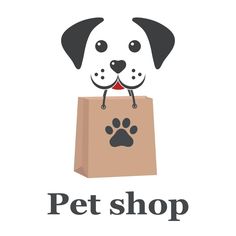 a black and white dog sitting on top of a brown bag with the words pet shop