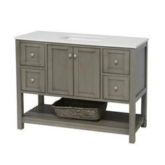 a bathroom vanity with two drawers and a white counter top in grey wood, against a white background