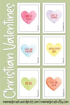 four watercolor hearts with the words love is patient written on them in different colors