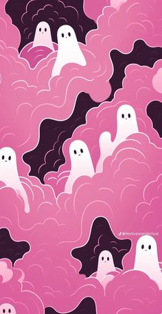 a group of ghost floating in the air with pink and black clouds behind them,