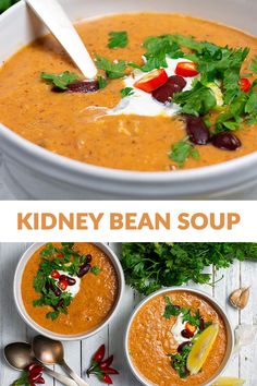 two bowls of kidney bean soup with garnishes on top and in the middle