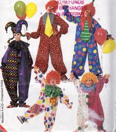 three clowns in different costumes with balloons on their heads and feet, one wearing a top hat