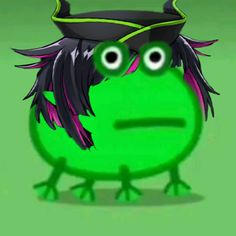 a green ball with a hat on top of it's head and two eyes