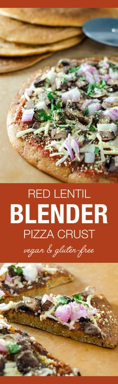 red lentil blender pizza crust on a cutting board with sliced pizzas in the background