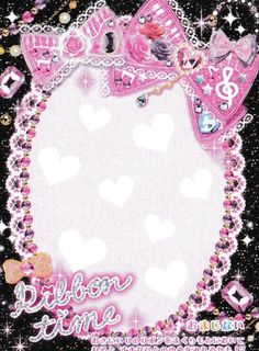 an image of a hello kitty photo frame with hearts and bows on it's side