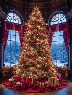 a large christmas tree with presents under it