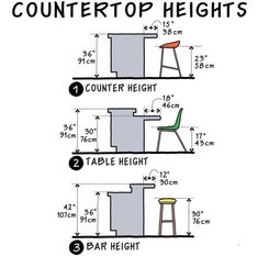 the measurements for stools and tables are shown in three different sizes, including one with a