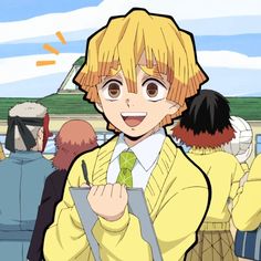 an anime character with blonde hair holding a clipboard in front of other people and looking at the camera