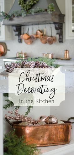 christmas decor in the kitchen with text overlay