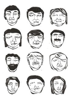 six different faces drawn in black and white with one man's face slightly to the side