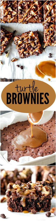 chocolate turtle brownies with caramel sauce being drizzled on top and the words turtle brownies above them