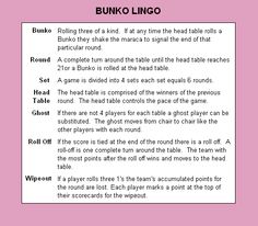 the rules for bunko lingo in english and spanish, including instructions on how to play bunko