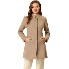 This long overcoat featuring a stand collar and single-breasted design adds a feminine and elegant feel to your winter look. The coat is spun from soft fabric and fully lined, which is comfortable for all-day wear with big slant pockets. A unique stand collar makes this regular outerwear more beautiful. It's a good choice for winter and cold fall. No matter what look you slip it over, this winter coat adds a layer of warmth and finishes the refined, warm, and effortless day-to-night look. Overcoat Outfit Women, Stand Collar Coat, Winter Overcoat, Long Overcoat, Long Winter Coats, Langer Mantel, Single Breasted Coat, Plaid Coat, Wool Peacoat