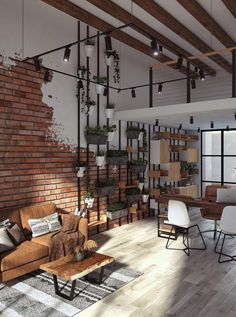 a living room filled with furniture next to a brick wall covered in potted plants