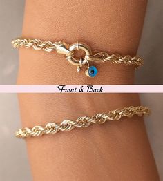 "This Minimalist evil eye design. 14K Gold Evil Eye Rope Bracelet, Large Spring Ring Hallow Rope Chain Bracelet, Sailor's Clasp Twist Rope Chain Bracelet , Gift For Mother. The metals used in this bracelet are 14k solid gold(not filled, not plated, not vermeil) We used the finest materials to bring an elegant design to life.Greek Eye Bracelet Makes a perfect gift for bridesmaids, mom, wife, girlfriend, fiance or anybody else that is special to you. Comes in a cute gift box ready for gifting. A b Rope Chain Bracelet As A Gift, Elegant Gold Bracelet With Rope Chain, Yellow Gold Rope Chain Bracelet As Gift, Rope Chain Bracelets As Gift, Gold Charm Bracelet With Evil Eye, Yellow Gold Rope Chain Bracelet Gift, Elegant 14k Gold Rope Chain Bracelet, Luxury Gold Bracelets With Rope Chain, Evil Eye Design