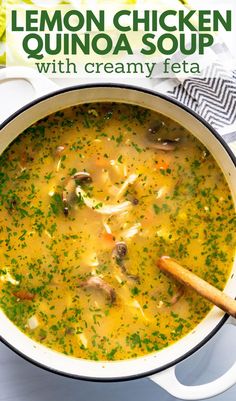 lemon chicken quinoa soup with creamy feta in a white bowl on a table