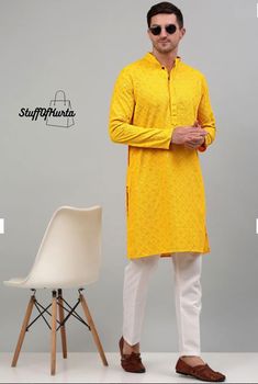 Welcome to my shop StuffOFKurta We deal with a variety of clothes viz Indian kurta , African clothing, beautiful clothing with links on the hands. Men Chikankari Suit, Mirror work Kurta men's, men's tunic, men's fashion Give yourself the best ethnic look by wearing this Top and Bottom Set. Made of rich cotton blend fabric this regular-fit set comprises a full-sleeved Indian kurta This outfit with Morris will look apart on special occasions. material 100% Cotton Chikankari Color: Yellow Chikankar Mens Tunic, Yellow Traditional, Chikankari Suits, Kurta Men, Men Party, Indian Kurta, Design Festival, Designer Kurtis, Ethnic Looks