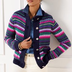 NWT Talbots Mockneck Sweater Jacket - Cadet Fair Isle Color: Purple Majesty Multi Size: Misses XS-XL MSRP: $139 Style # P244121627 Product Details  - Cardigan  - Long Sleeve  - Hits At Hip  - Mockneck  - Button front closure  - Front Patch Pockets  - Straight hem  - Material: 55% Cotton, 45% Polyester Return Policy Please note that all sales are final. I do not accept returns or exchanges. If you are interested in an item that is not currently listed in my store, please feel free to contact me directly. THANK YOU VERY MUCH! Crewneck Cardigan, Mockneck Sweater, Chic Sweater, Fair Isle Pattern, Chic Sweaters, Classic Style Women, Cardigan Long, Mock Neck Sweater, Cardigan Jacket