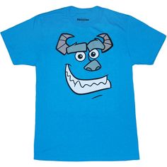 a blue t - shirt with an image of a monster's head on it