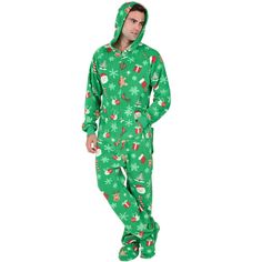 Santa, Rudolf and gingerbread men dance around with presents, candy canes, sleighs and bells on these jolly green fleece footed Christmas pajamas for men and women! Christmas trees are decorated with fresh snow from the flakes twirling above as the north star shines bright on these cozy Adult footie pj's! Hoodie's and front pockets add to the style and holiday cheer of these festive fleece One Piece! Hoodie Footie, Pajamas For Men, Footed Pajamas, Christmas Onesie, Dog Fleece, Onesie Pajamas, Jogging Suit, Fleece Pajamas, One Piece Pajamas