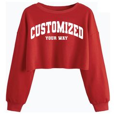 Customize your own Red Crop Sweatshirt. Please let us know what you would like the sweatshirt to say in the personalization section and we cant wait to make for you! This sweatshirt can be cropped to multiple lengths. Please choose your crop length from the dropdown menu! Supercrop: is extremely short and will show a sports bra Regular Crop: Shows skin but is not that short Belly Button Crop: Does not show skin - cut approx to jeans line Just bottom seam: cut right at seam Do not crop All orders Red Crew Neck Crop Top With Letter Print, Red College Sweatshirt With Letter Print, Sporty Red Crop Top With Crew Neck, Casual Red Customizable Sweatshirt, Red Long Sleeve Cotton Crop Top, Customizable Red Long Sleeve Sweatshirt, Customizable Red Crew Neck Sweatshirt, Customizable Red Top For Streetwear, White Sweatpants